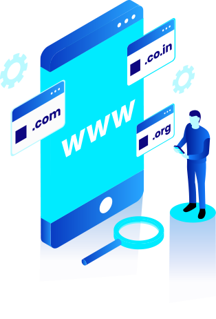 Smartphone gigante con estensioni .com, .org, .co.in; uomo che osserva.