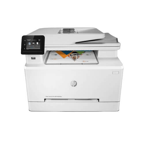 Stampante multifunzione HP bianca, schermo LCD.